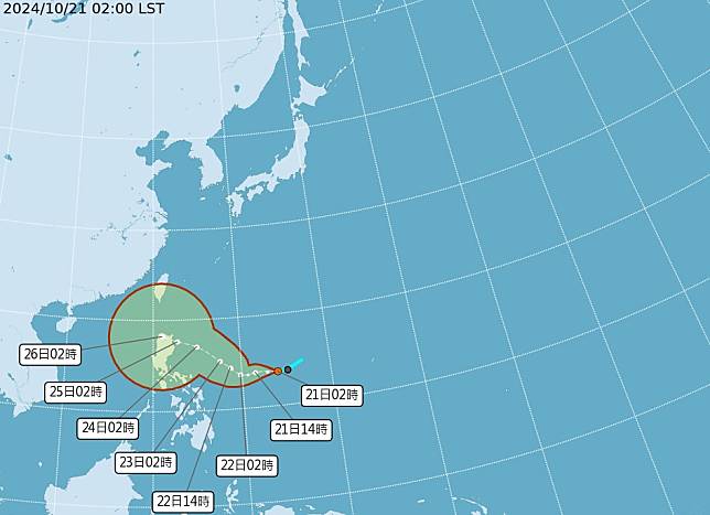 熱帶低壓今、明兩天將發展為第20號輕度颱風「潭美」。（圖：氣象署網站）