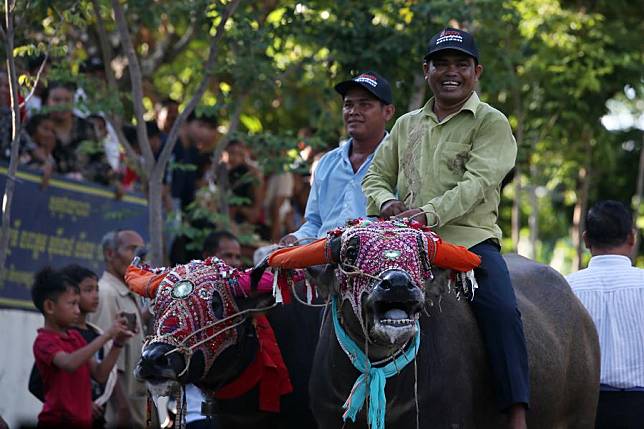 Contestants are pictured on their buffaloes during an annual buffalo race at Vihear Sour Pagoda in Kandal province, Cambodia, Oct. 2, 2024. (Photo by Phearum/Xinhua)