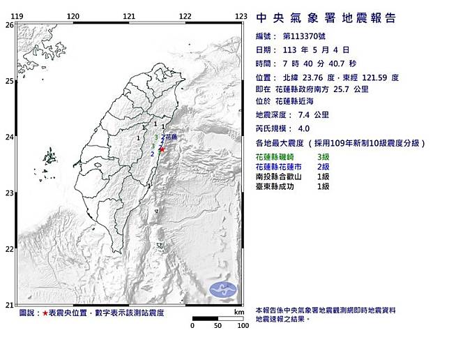 花蓮縣近海今天早上7點40分發生芮氏規模4.0地震。 圖：氣象署提供