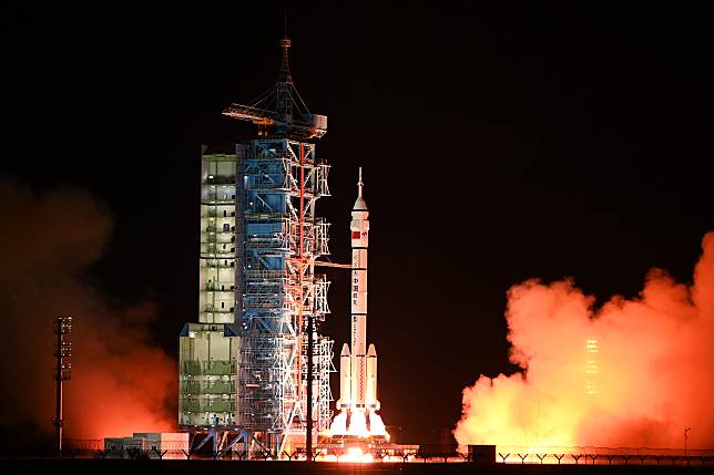 The Shenzhou-19 crewed spaceship, atop a Long March-2F carrier rocket, is launched from the Jiuquan Satellite Launch Center in northwest China, Oct. 30, 2024. (Photo by Wang Jiangbo/Xinhua)