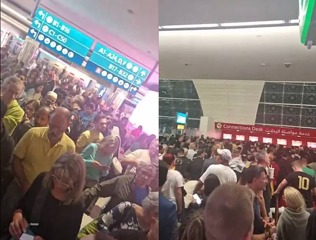 杜拜機場受到強降雨影響，航班大亂，大量乘客困在機場。