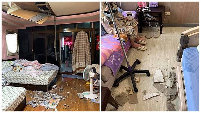 1名女網友日前分享自己先後在家裡房間和醫院病房內，遇到天花板崩塌的意外。(圖／翻攝自爆料公社臉書粉絲團)