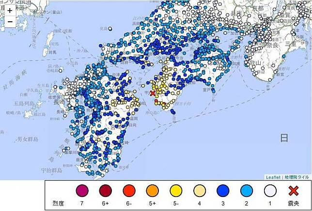 日本四國地區今天(17日)當地時間11點14分發生規模6.4地震。(圖擷取自日本氣象廳)