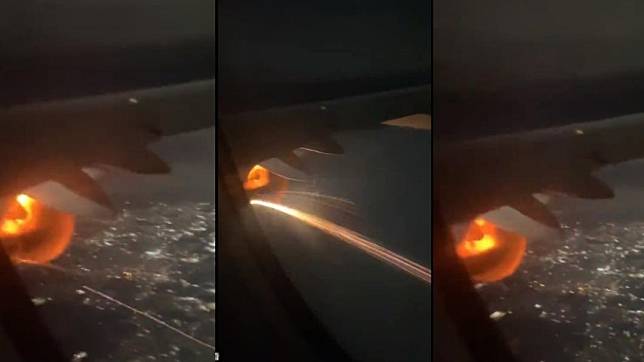 乘客拍下引擎著火還噴出長條火花的畫面。（圖／翻攝自 NEXTA 推特 @nexta_tv）