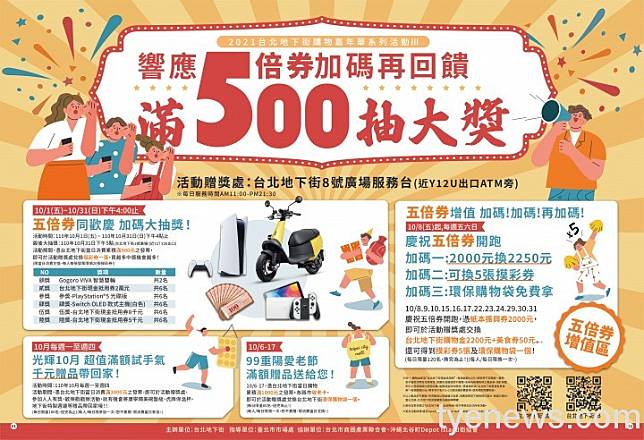 台北地下街購物嘉年華響應振興五倍券，10月起加碼再回饋滿500園及有參加抽獎資格。圖：台北地下街提供