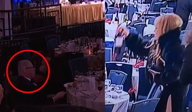 白宮記者協會晚宴上爆出槍響，有賓客淡定吃沙拉，還有人趁亂偷拿兩瓶酒，引發社群熱議。（圖／翻攝自微博）