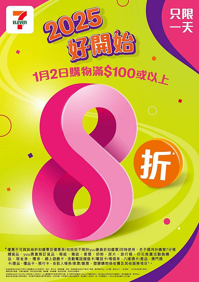 7-11（7-Eleven）推出「1.2 Day」大折日，2025年1月2日早上7時起，在任何一間7-Eleven購物滿$100或以上，可獲八折，只限一天。（圖片由相關機構提供）