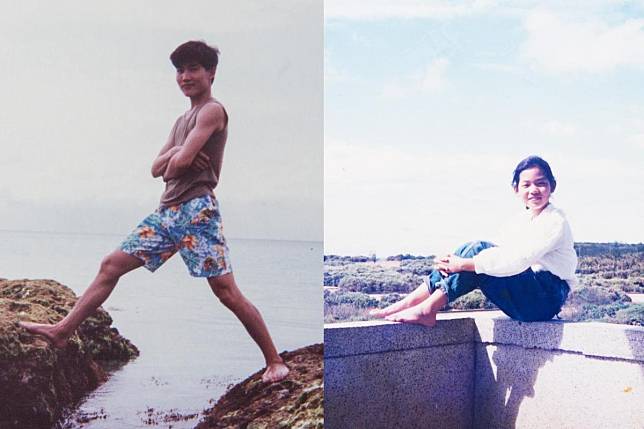 王棟材（左）年紀比蕭亞芝（右）大了15歲，二人曾先後在墾丁海邊留下紀念照。（蕭亞芝、王棟材提供）
