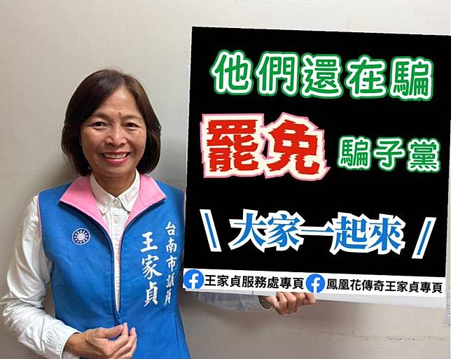 國民黨市議員王家貞呼籲連署，罷免欺騙台灣人的騙子黨。（王家貞提供）