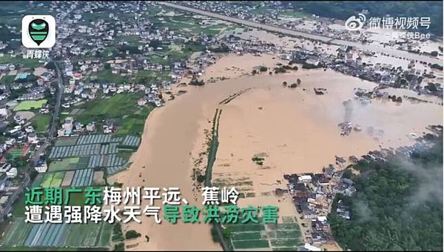 中國南方暴雨成災，又以廣東梅州災情最嚴重。(擷取自中國微博)