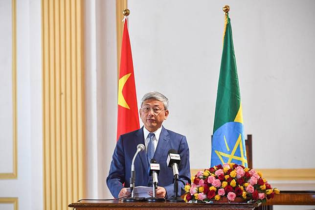 Chinese Ambassador to Ethiopia Chen Hai speaks at the award ceremony of the China-Ethiopia Friendship Scholarship at the Addis Ababa University in Ethiopia on Dec. 10, 2024. (Xinhua/Michael Tewelde)