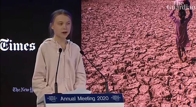 瑞典環保少女童貝里出席WEF氣候小組，在全球企業菁英面前抨擊在氣候變遷上毫無作為。   圖：翻攝YouTube