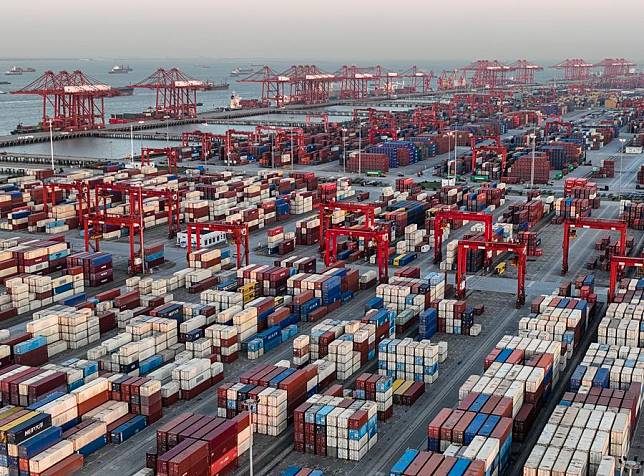 An aerial drone photo taken on March 13, 2023 shows a container terminal of Taicang Port in east China's Jiangsu Province. (Xinhua/Li Bo)