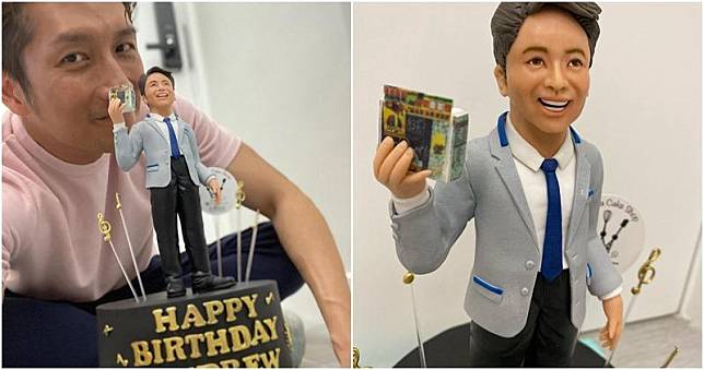 袁文傑後日51歲生日，今日收到廣告商送上訂製的3D生日蛋糕。（袁文傑Instagram圖片／明報製圖）