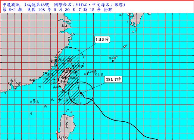 米塔颱風中心將以相當接近宜蘭陸地的方式進入北部海面，不排除受地形影響，在北部海面附近打轉，引進西風，屆時帶來的雨量將會比原先預估更多。(圖擷取自中央氣象局)