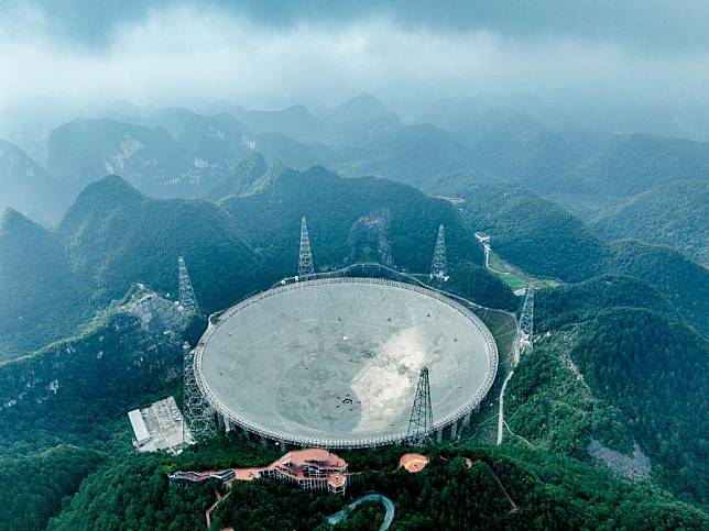 This aerial panoramic photo taken on July 26, 2023 shows China's Five-hundred-meter Aperture Spherical Radio Telescope (FAST) in southwest China's Guizhou Province. (Xinhua/Ou Dongqu)