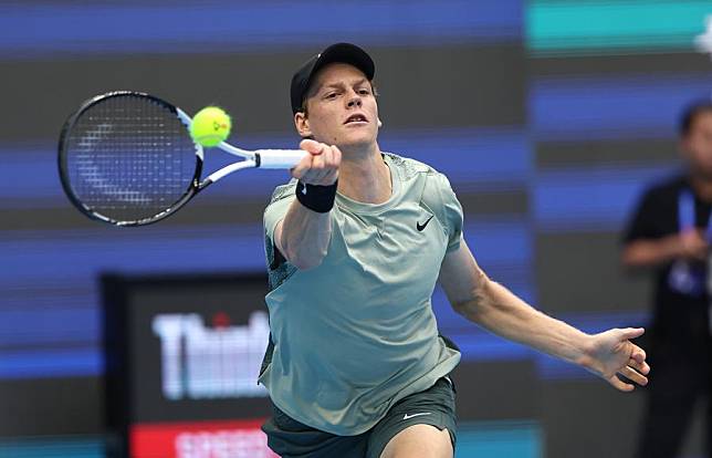 Jannik Sinner of Italy hits a return during the men's singles first round match at 2024 China Open tennis tournament in Beijing, China, Sept. 26, 2024. (Xinhua/Zhang Chen)