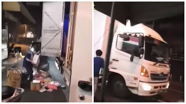 有民眾目擊貨運司機全把物品往外扔丟，女店員只能在一旁撿拾。(圖／翻攝自YouTube)
