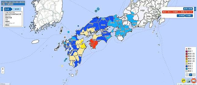 日本氣象廳提醒，愛媛縣及高知縣未來一週內需注意餘震，且強度可能達到6弱。(圖擷取自日本氣象廳)