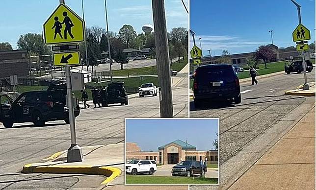 美國威斯康辛州某中學外，出現一名14歲手持長槍的槍手在外徘迴。（翻攝自推特@InterStarMedia）