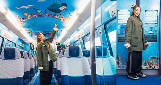 王菀之獲機場快綫之邀聲演機鐵仔，並安排她參觀全新主題列車。（大會提供 /明報製圖）