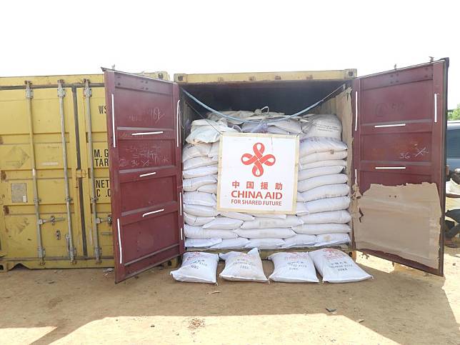 The photo taken on Dec. 16, 2024, shows the Chinese-donated food in Juba, capital of South Sudan. (Photo by Denis Elamu/Xinhua)