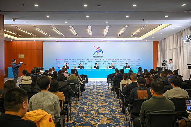 The spokespersons announce the progress of the preparatory work for the 9th Winter Asian Games during a press conference held in Harbin, northeast China's Heilongjiang Province, Jan. 22, 2025. (Handout via Xinhua)