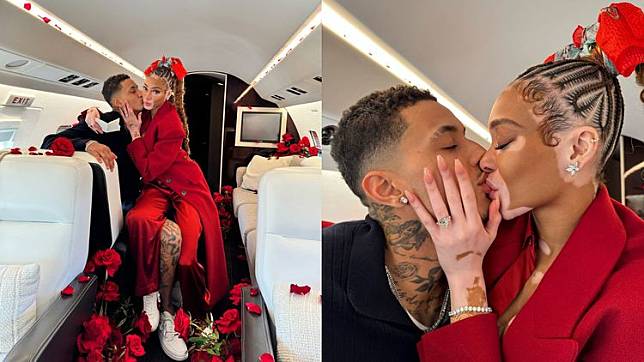 NBA球星Kyle Kuzma（左圖左、右圖左）包下私人飛機向超模女友Winnie Harlow求婚。翻攝winnieharlow IG