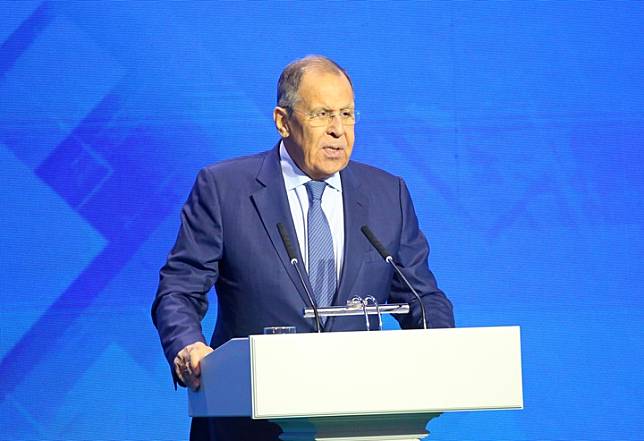 Russian Foreign Minister Sergei Lavrov delivers a speech during the Second Minsk International Conference on Eurasian Security in Minsk, Belarus, Oct. 31, 2024. (Photo by Henadz Zhinkov/Xinhua)