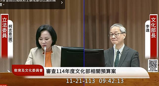 文化部長李遠在被提到18年前辭職華視總座的原因時，露出了想笑又不敢笑的表情。（圖片來源／國會頻道）