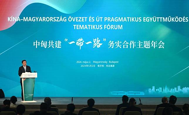 President of Xinhua News Agency Fu Hua addresses a conference focused on cooperation between China and Hungary under the Belt and Road Initiative (BRI) framework in Budapest, Hungary, on May 2, 2024. (Xinhua/He Canling)