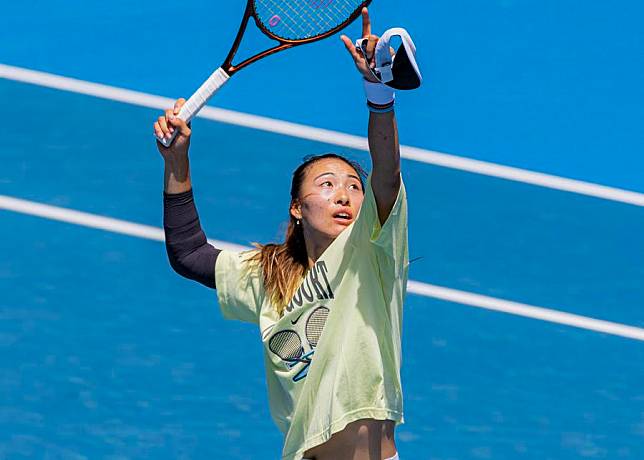 Zheng Qinwen of China attends a training session during the Australian Open in Melbourne, Australia, on Jan. 10, 2025. (Photo by Chu Chen/Xinhua)