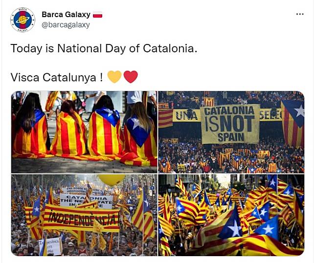 911是西班牙加泰隆尼亞民族日，當地國民議會宣揚獨立，舉辦遊行，估計有15萬人聚集在巴塞隆納。   圖：翻攝自推特